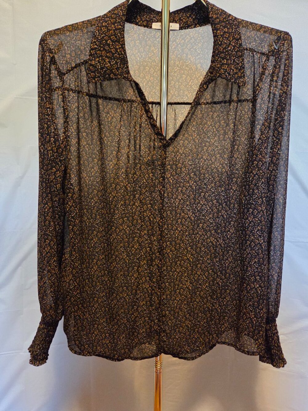 Pleione Sheer Leopard Print Chiffon Split-Neck Blouse size L